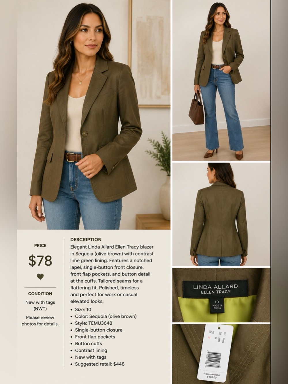 Linda Allard Ellen Tracy Sequoia One Button Blazer Jacket Size 10 NWT